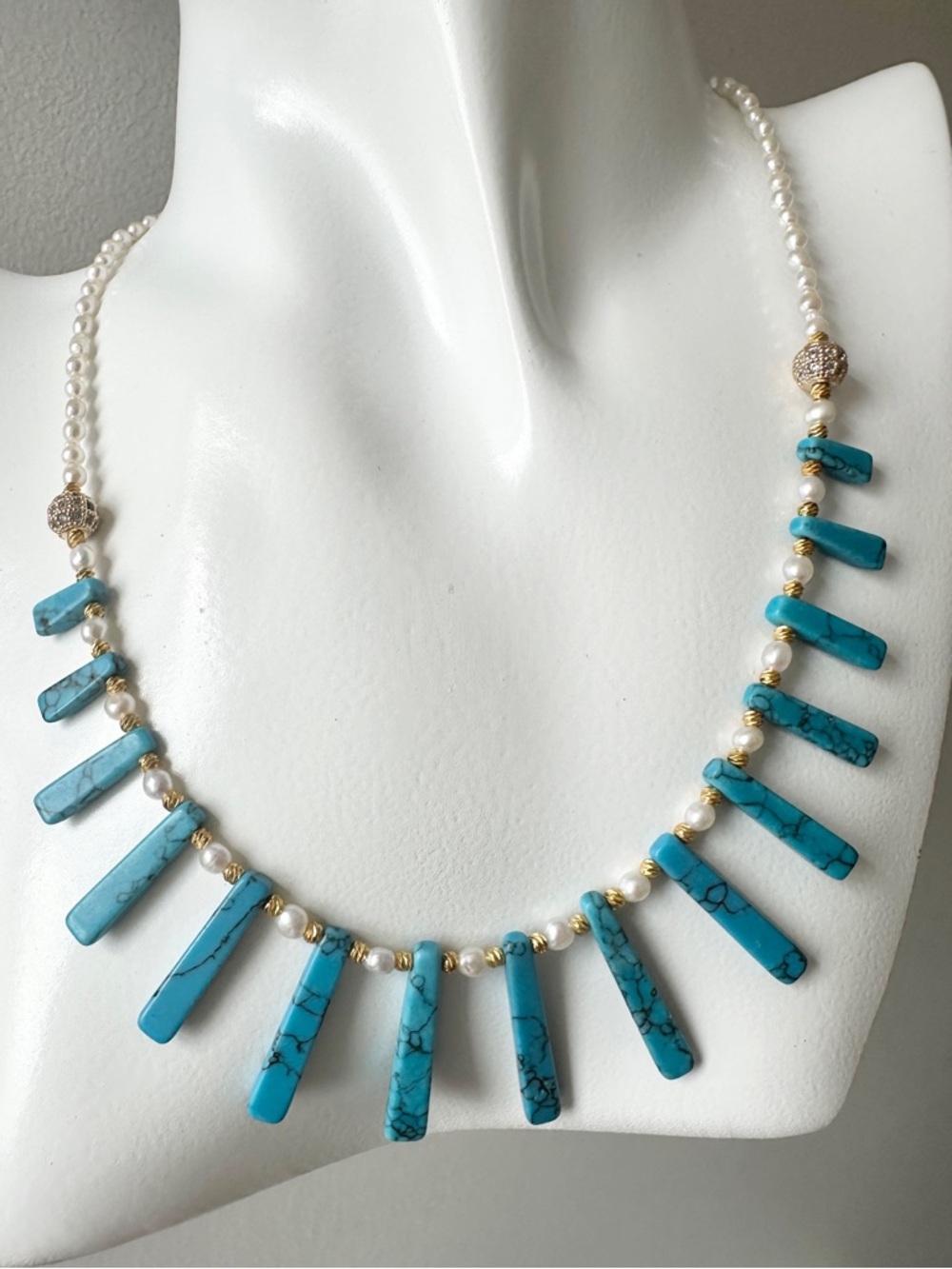 Genuine Turquoise Pendant with High Lust Genuine Freshwater Pearl 3mm Necklace